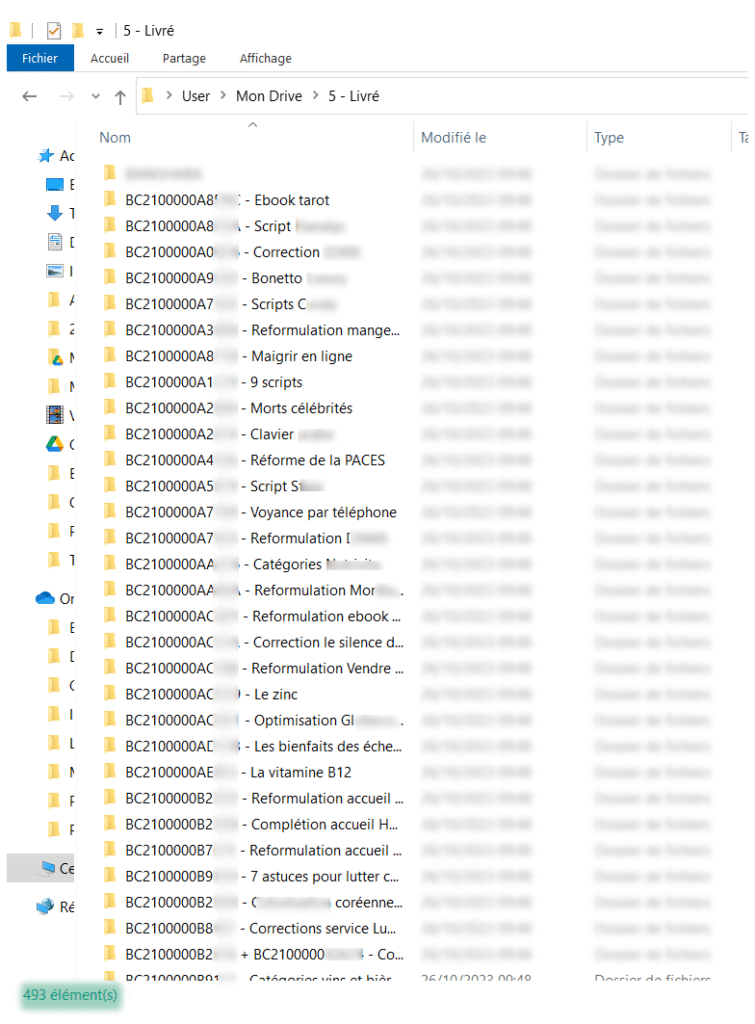Capture d’écran de nombreux dossiers contenant des commandes de rédaction web