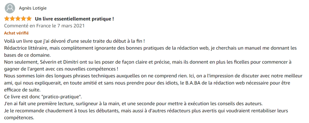 Avis positif d’un client sur un livre dédié à la rédaction web
