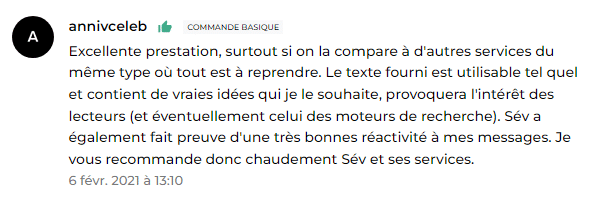 Avis positif d’un client sur une prestation de rédaction web