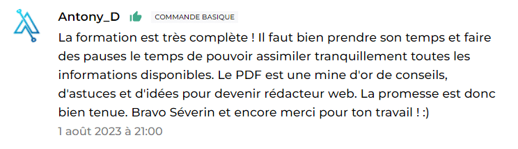Avis positif d’un élève sur une formation dédiée à la rédaction web