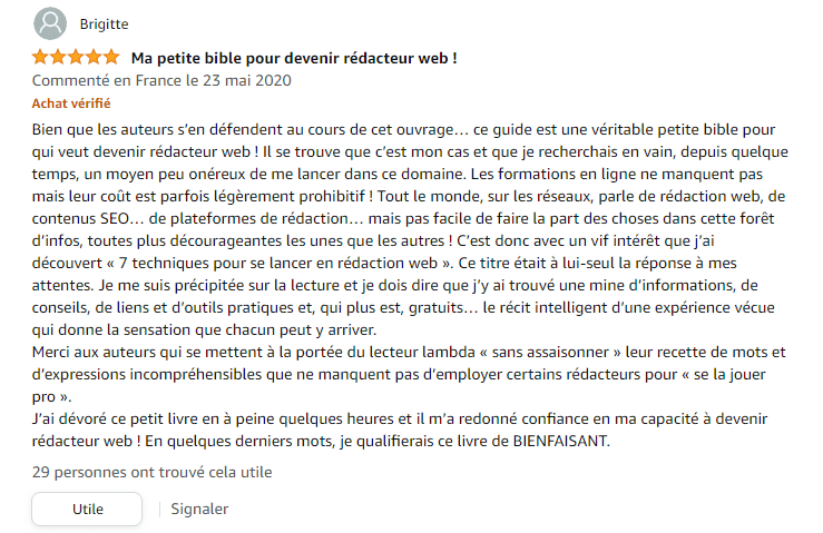 Avis positif d’une lectrice sur un livre de rédaction web