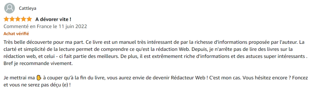 Avis positif d’un client sur un livre dédié à la rédaction web