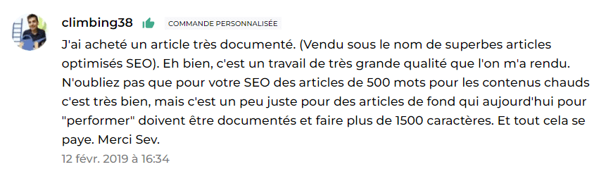Avis positif d’un client sur une prestation de rédaction web