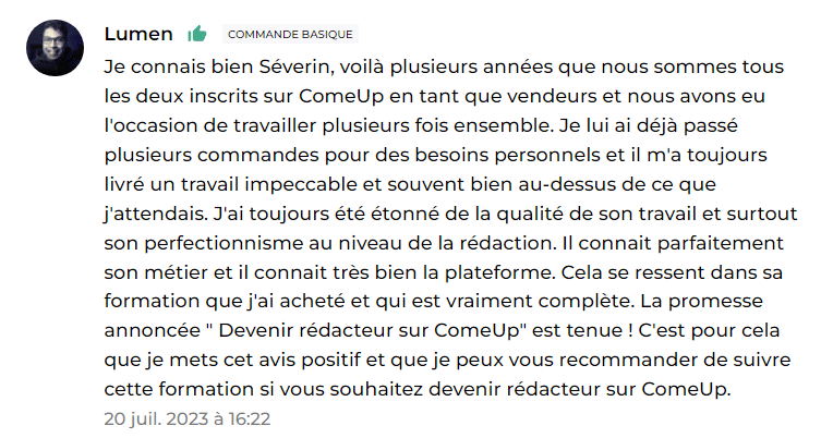 Avis positif d’un élève sur une formation dédiée à la rédaction web