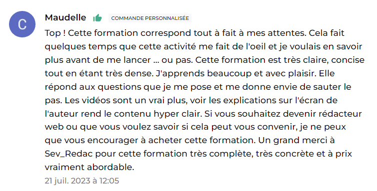 Avis positif d’un élève sur une formation dédiée à la rédaction web