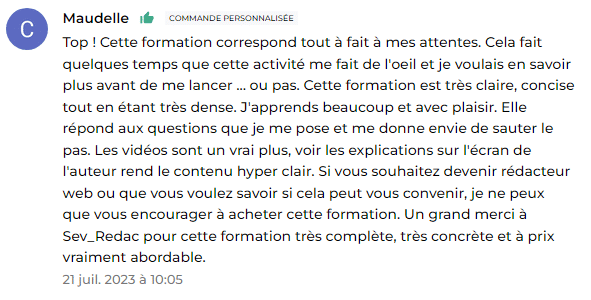 Avis positif d’une élève sur une formation à la rédaction web