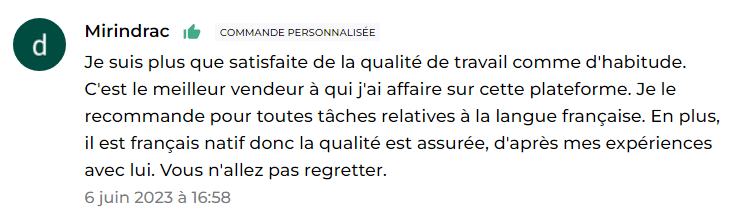 Avis positif d’un client sur une prestation de correction de texte