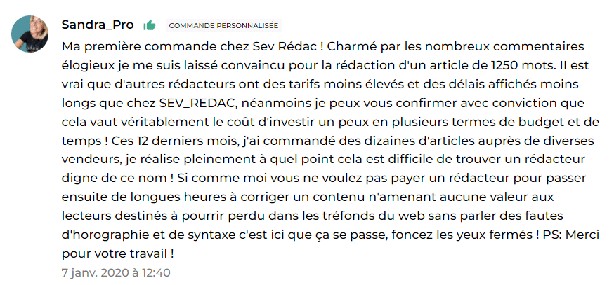 Avis positif d’un client sur une prestation de rédaction web