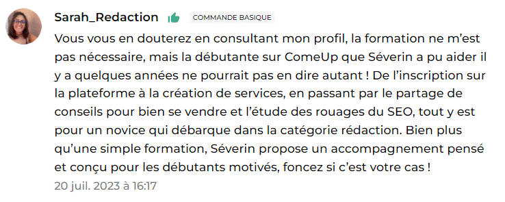 Avis positif d’un élève sur une formation dédiée à la rédaction web