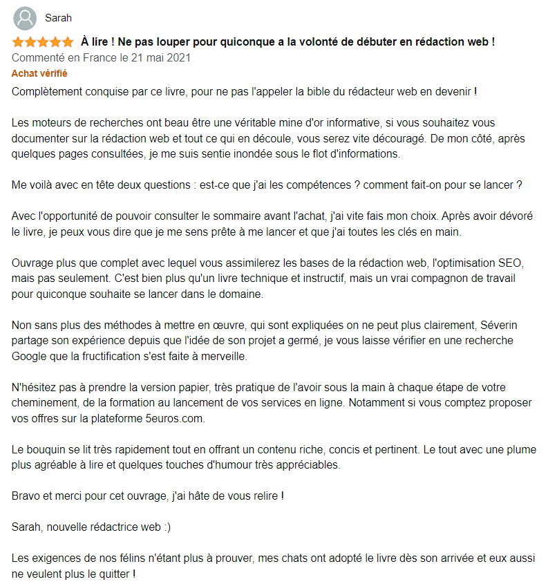 Avis positif d’un client sur un livre dédié à la rédaction web
