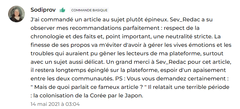 Avis positif d’un client sur une prestation de rédaction web