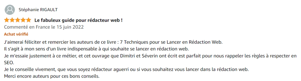 Avis positif d’un client sur un livre dédié à la rédaction web